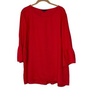 John ‎ Mark Red 100% Linen Tunic Top XL Ruffle Bell Sleeve Scoop Neck Solid
